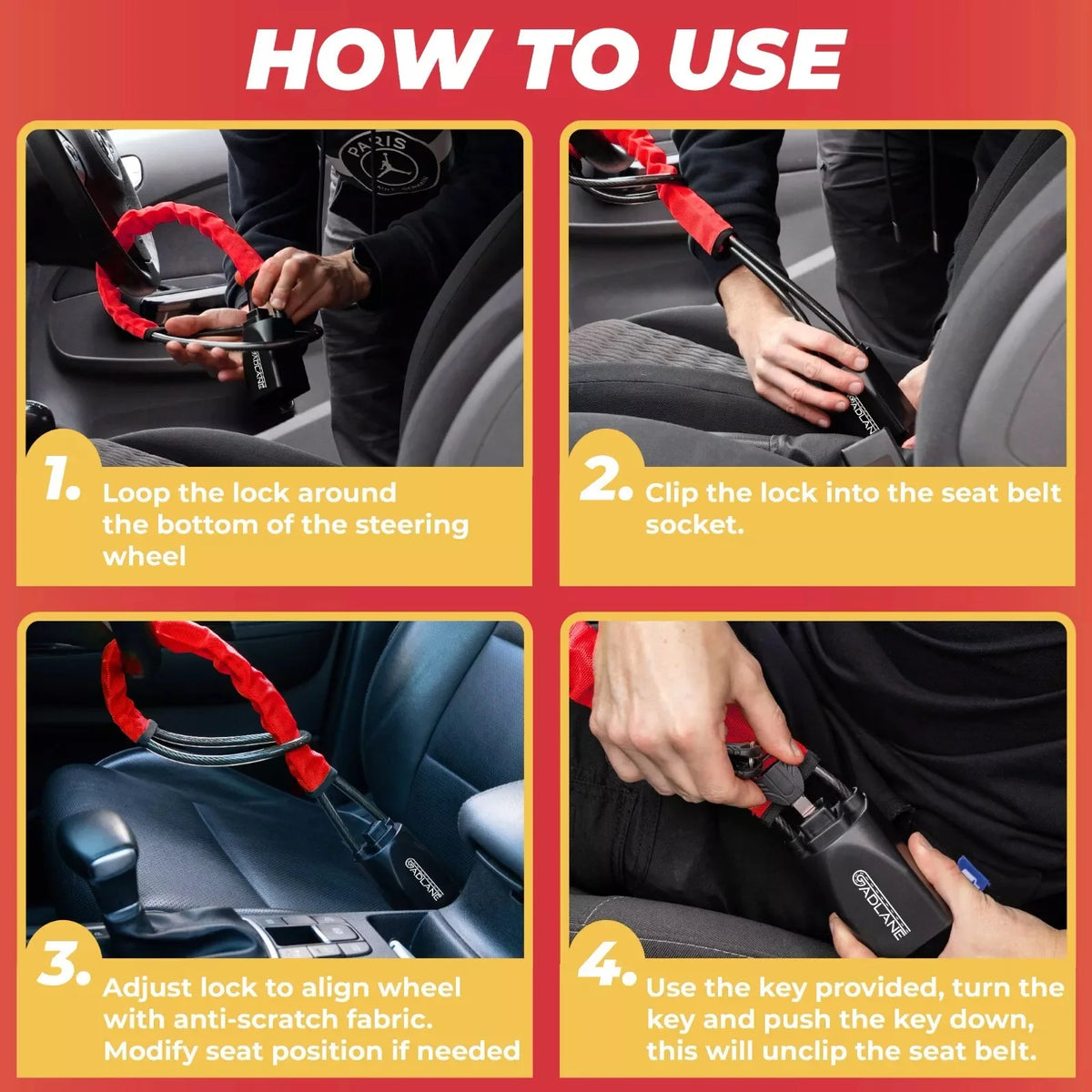 Universal Steering Wheel Lock with Seat Belt Buckle | Anti-Theft Steering Wheel Lock QXL