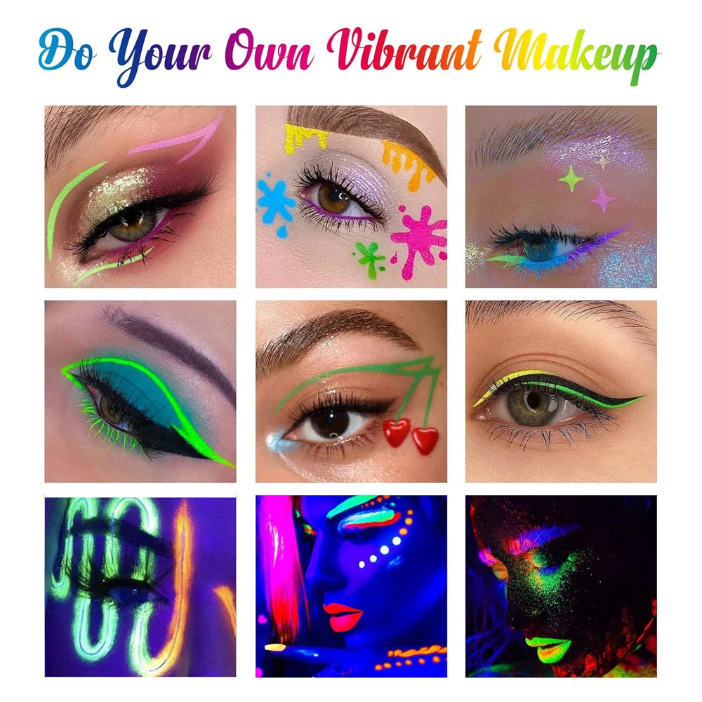 6-Pack Neon UV Glow Liquid Eyeliner Set | Waterproof Rave Party UV Glow Eyeliner Set QXL