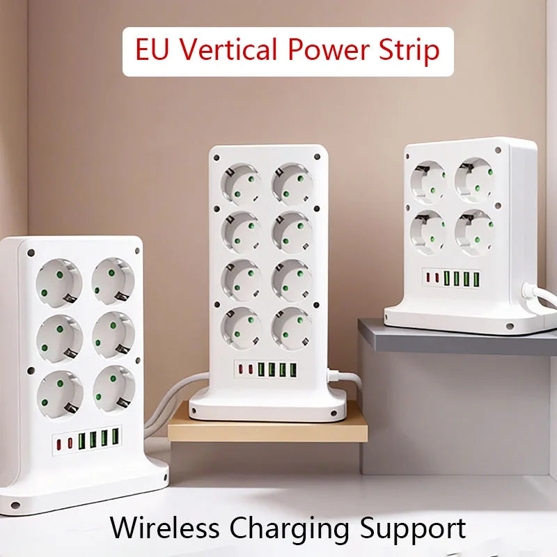 EU Vertical Tower Power Strip | Wireless Charging AC USB Type-C Tower Power Strip QXL