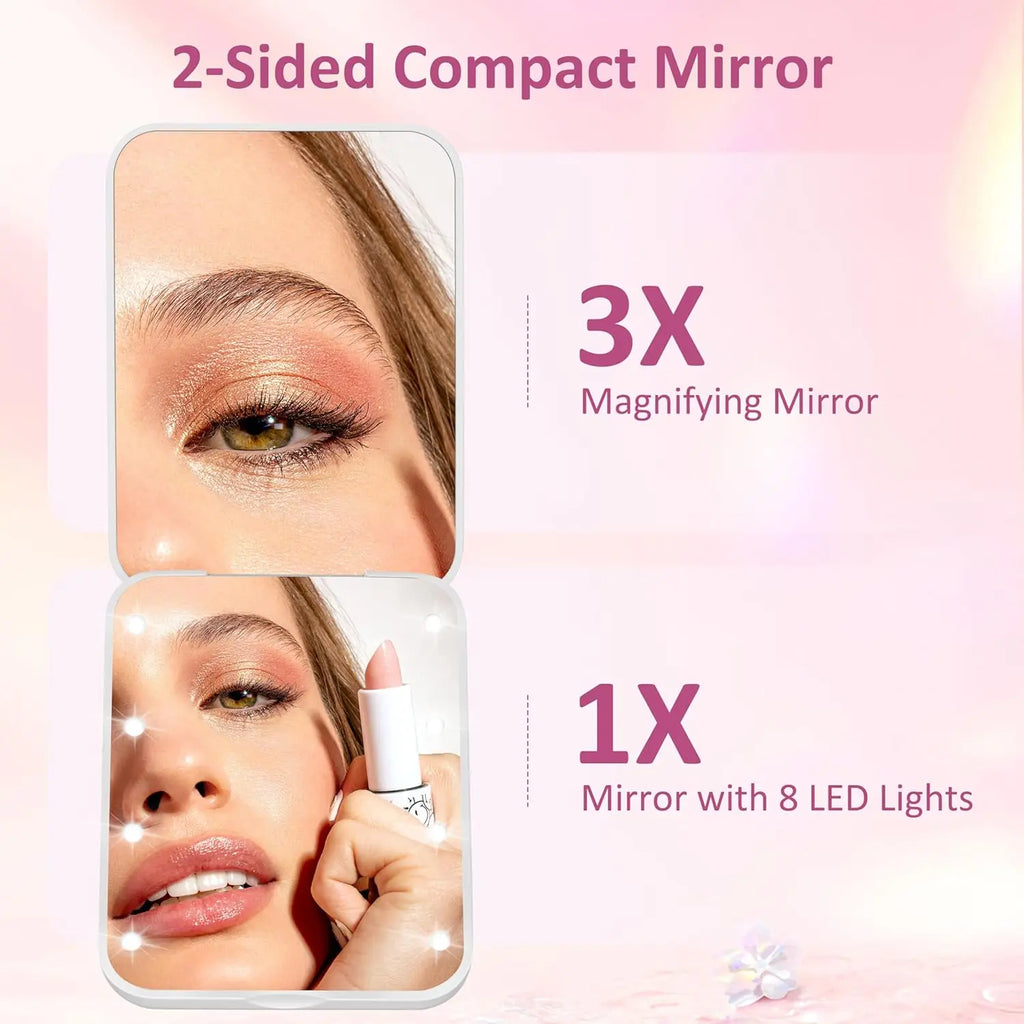 Mini LED Lighted Compact Mirror | 1X/3X Magnifying Travel Lighted Compact Mirror QXL