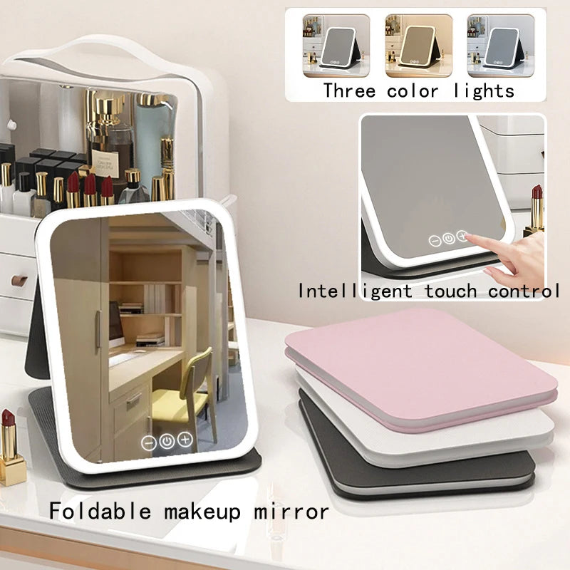 Foldable LED Makeup Mirror | 3-Color Touch Control, USB-C LED Makeup Mirror QXL