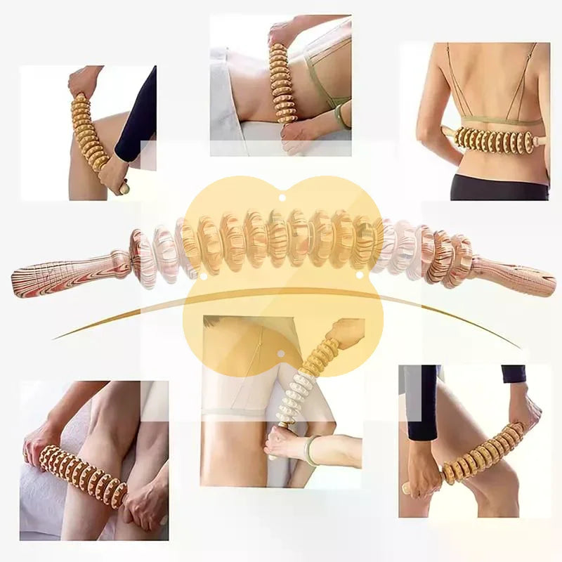 16-Roller Wooden Fascia Massage Roller | Back, Legs & Arms Body Massage Roller QXL