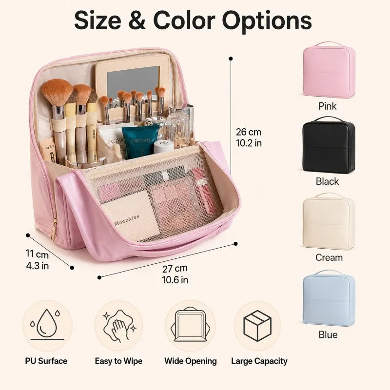 Large PU Leather Travel Makeup Bag with Brush Slots | Organizer Travel Makeup Bag QXL