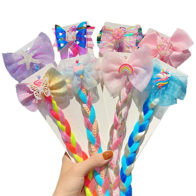 Girls Princess Braided Wig | Unicorn Butterfly Bow Hairpiece Kids Costume Wig QXL