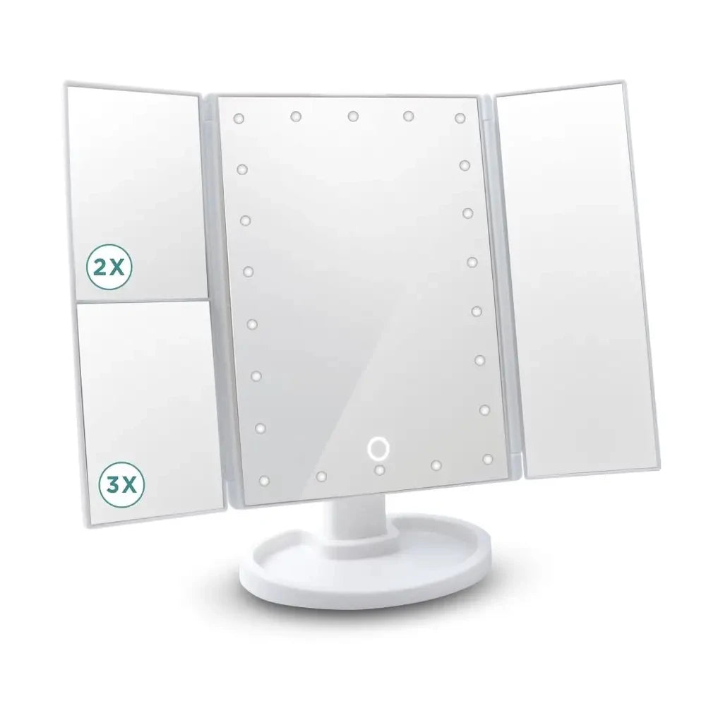 Lighted Trifold Makeup Mirror 1X 2X 3X Magnification Touch Lighted Vanity Mirror QXL