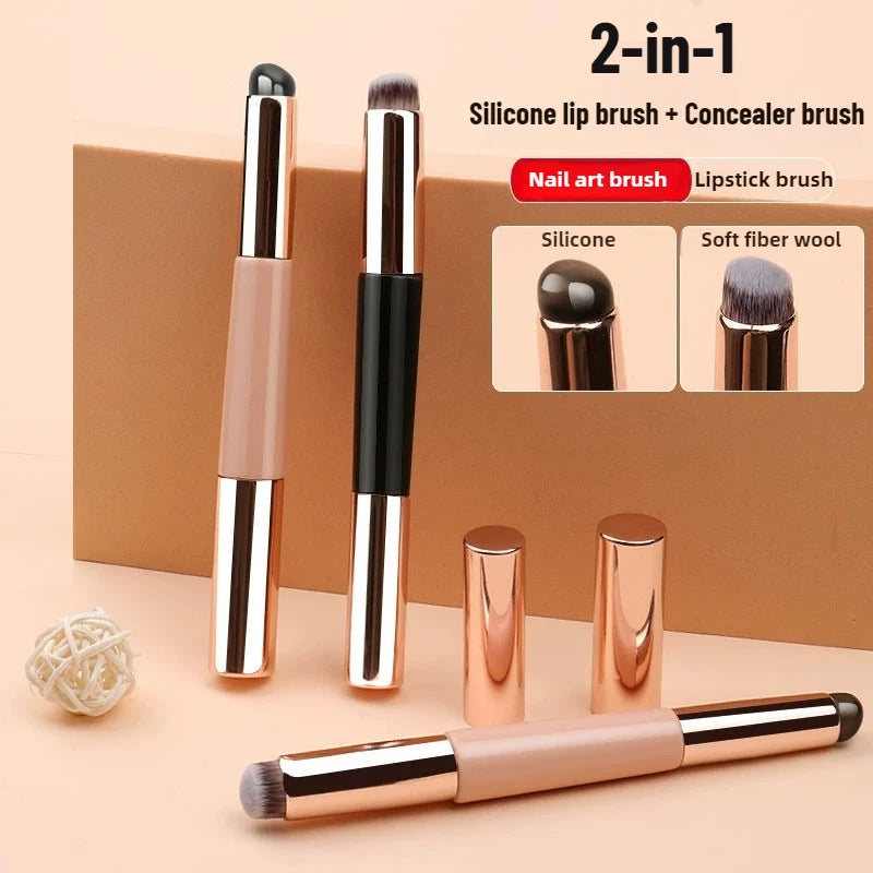 2-in-1 Silicone Lip & Concealer Brush | Wood Handle Travel Cap Lip & Concealer Brush QXL