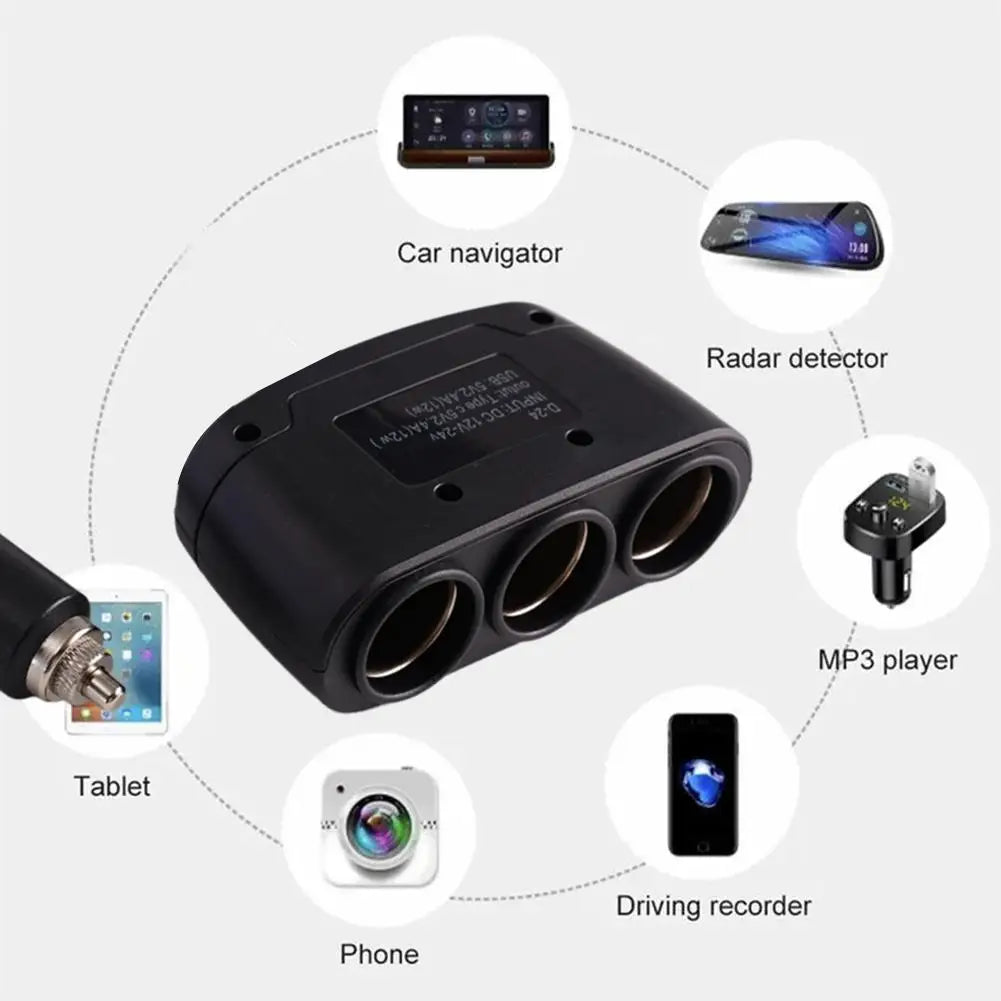 3-Way Car Cigarette Lighter Splitter 120W Dual USB Fast Charge Car Charger Splitter QXL