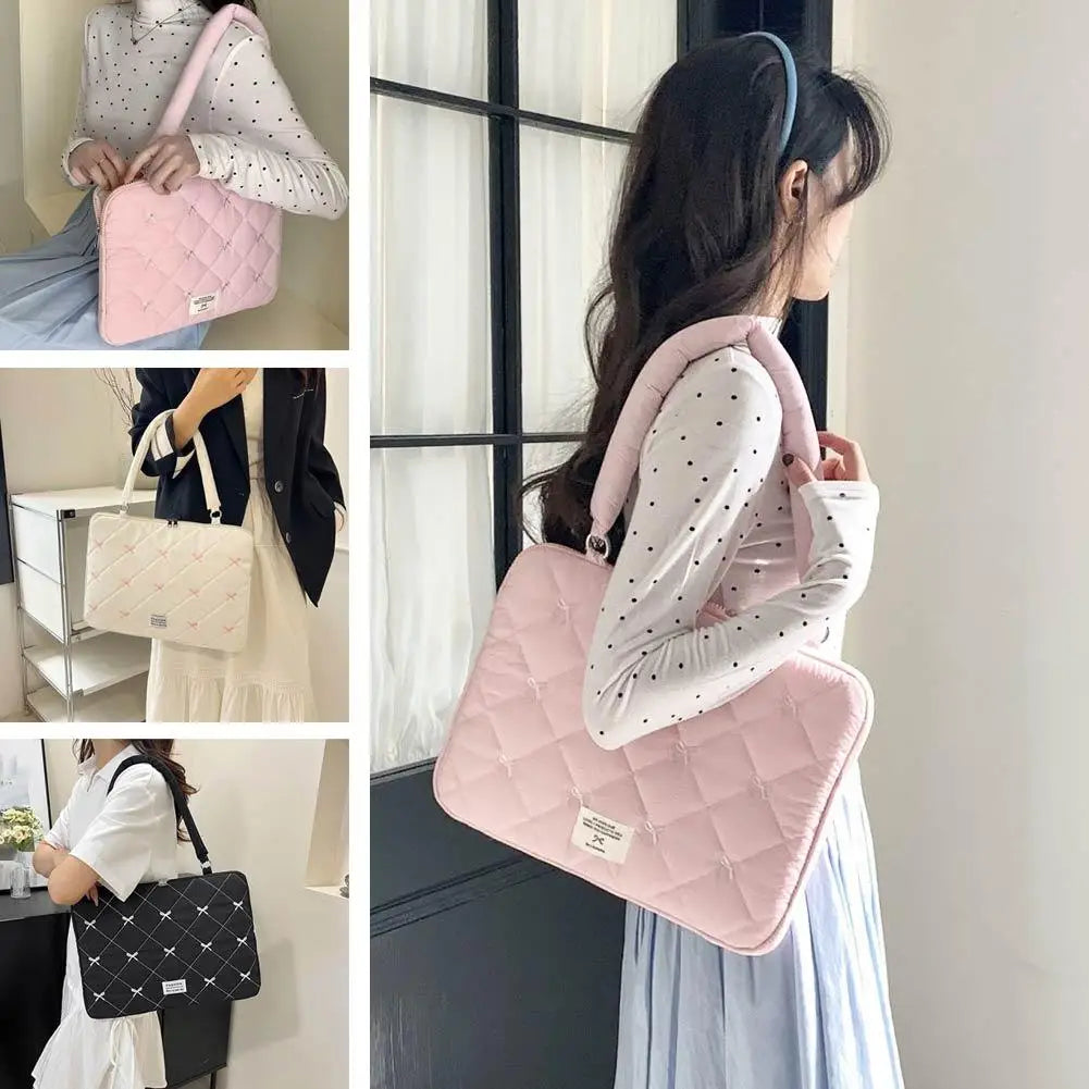 Bow Embroidered Laptop Sleeve Bag | Cushioned Shoulder Handbag Laptop Sleeve Bag QXL
