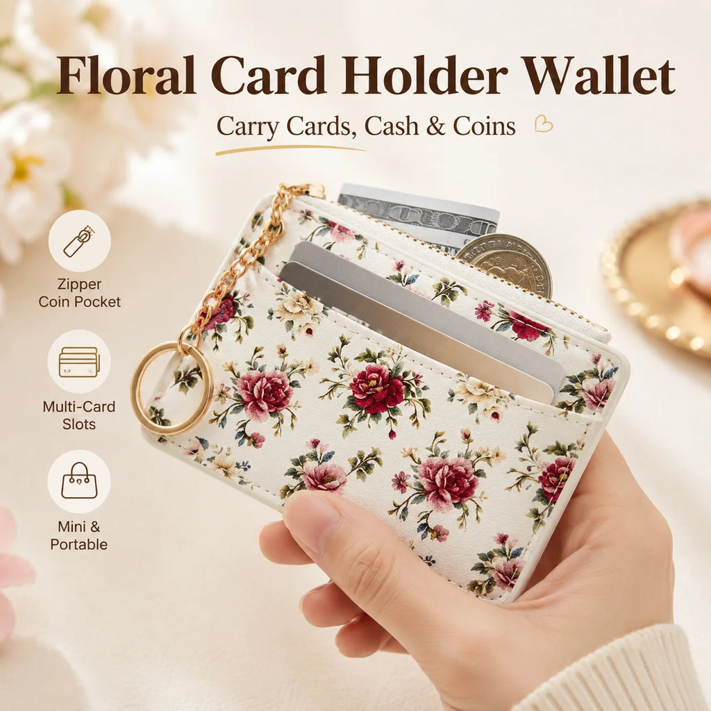 Floral Mini Card Holder Wallet | Coin Purse & Card Organizer Mini Card Wallet QXL