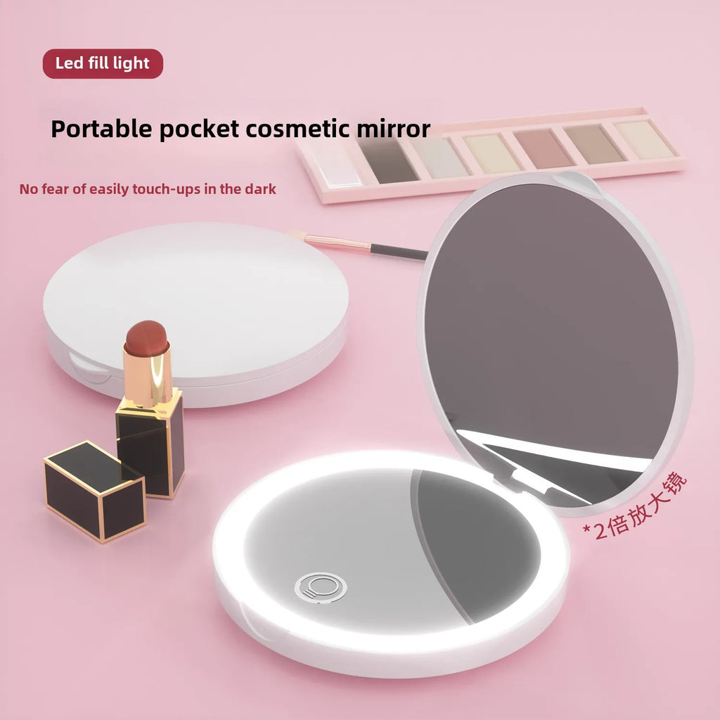 Mini Folding LED Makeup Mirror 2x Magnifying Compact Travel Compact Makeup Mirror QXL