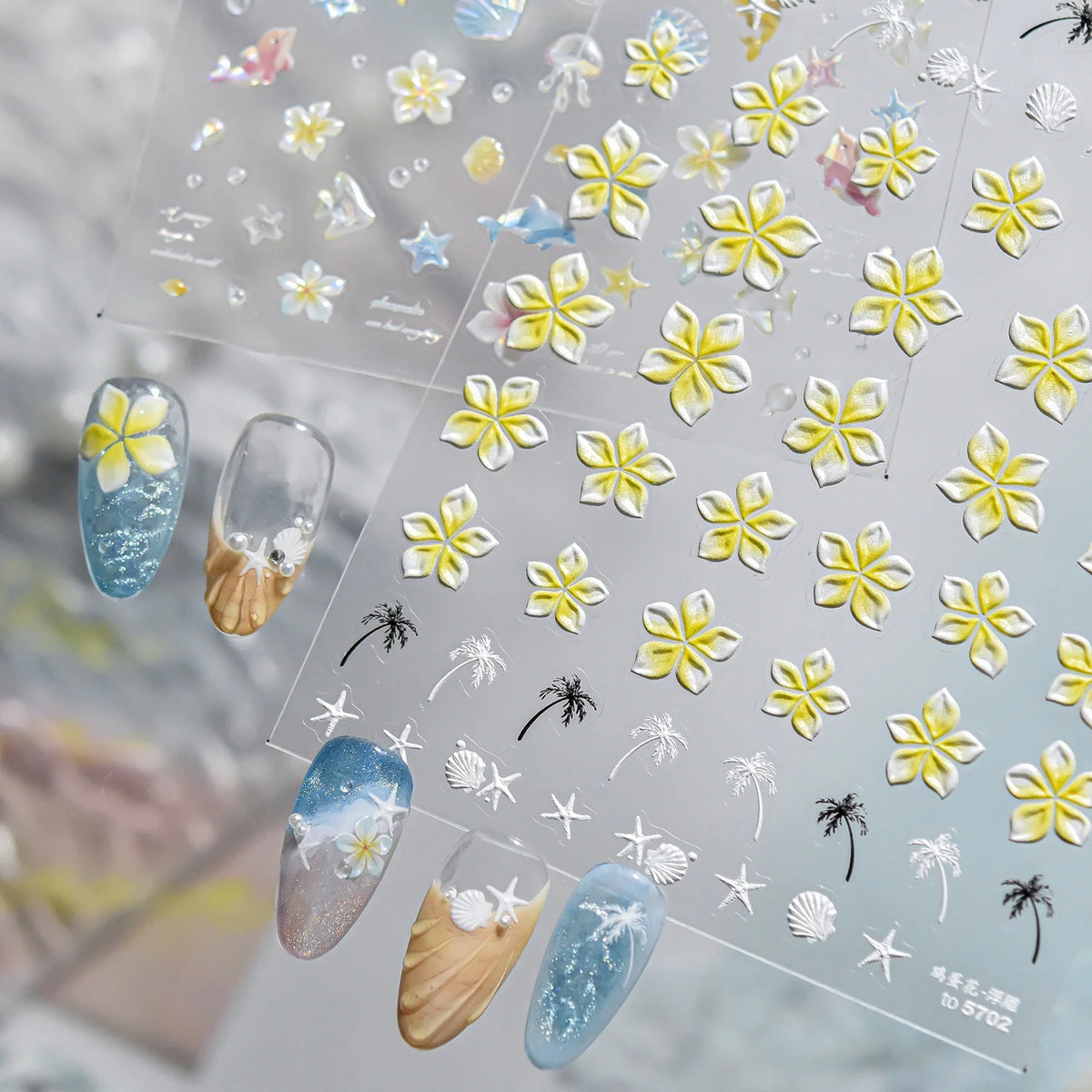 5D Tropical Nail Stickers – Coconut Tree & Starfish Decals Nail Art Stickers QXL