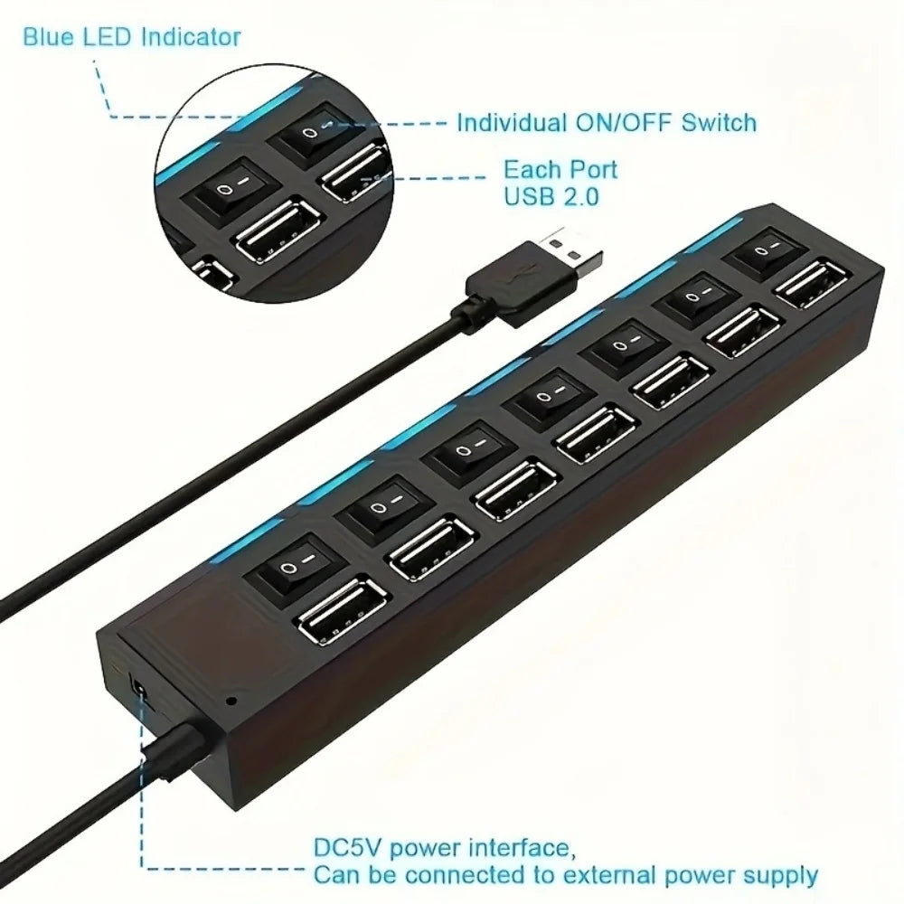 4/7 Port USB 2.0 Hub with Switch & LED | PC Laptop Splitter USB Hub QXL