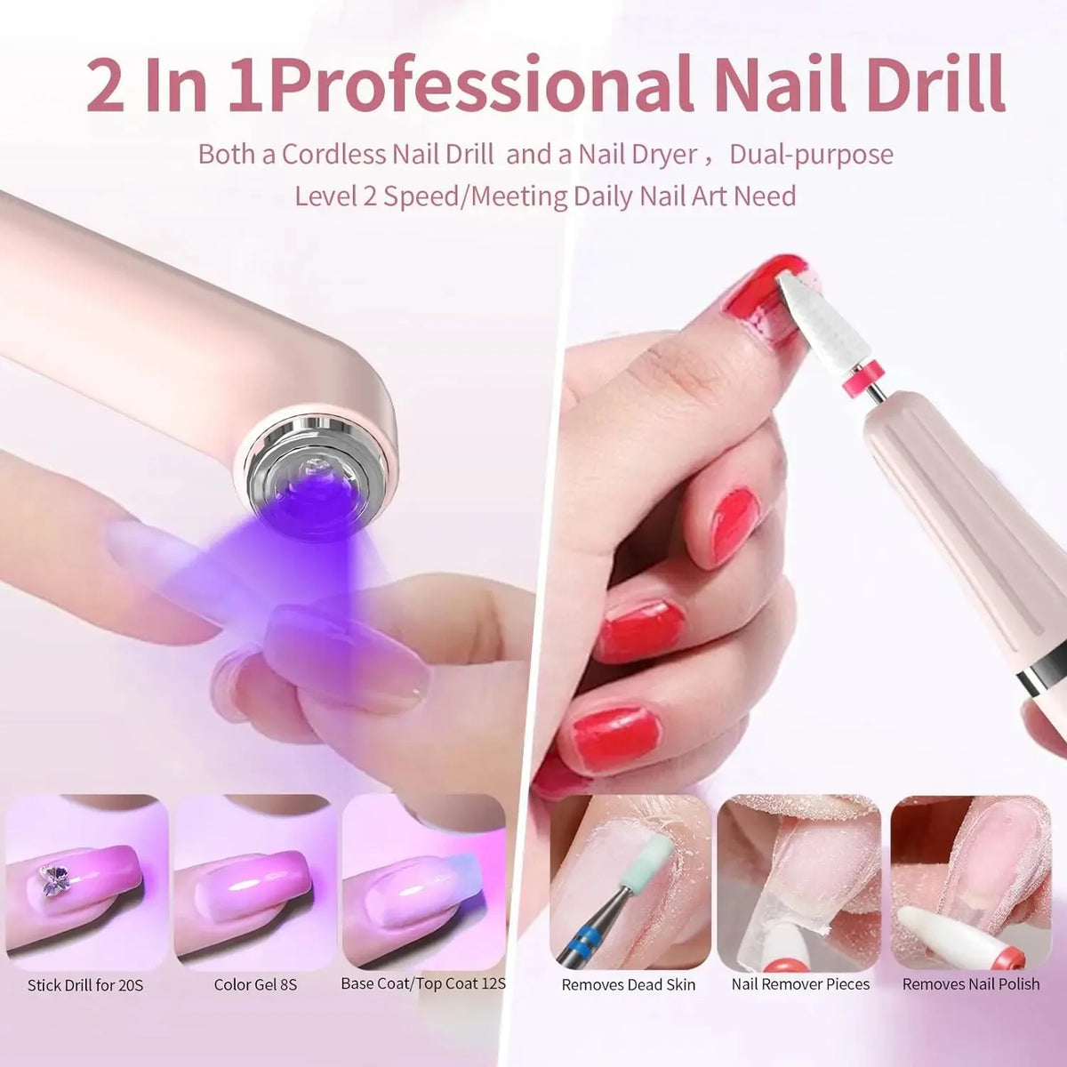 2-in-1 Cordless Nail Drill & UV LED Lamp Rechargeable Kit Nail Drill & UV Lamp QXL