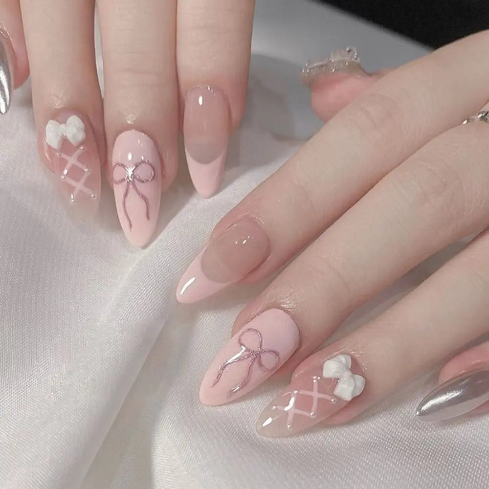 24-Pack Pink Almond Stiletto Fake Nails | Pearl Bow Press-Ons Press-On Nail Set QXL