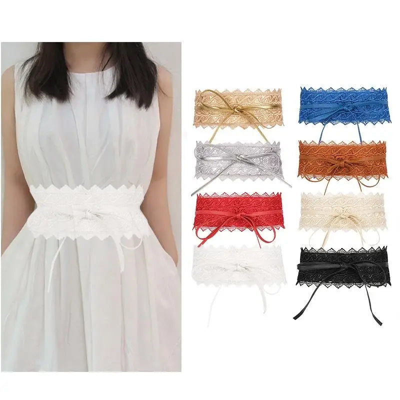 Vintage Boho Lace Bow Wide Waist Belt | Scalloped Faux Leather Lace Waist Belt QXL