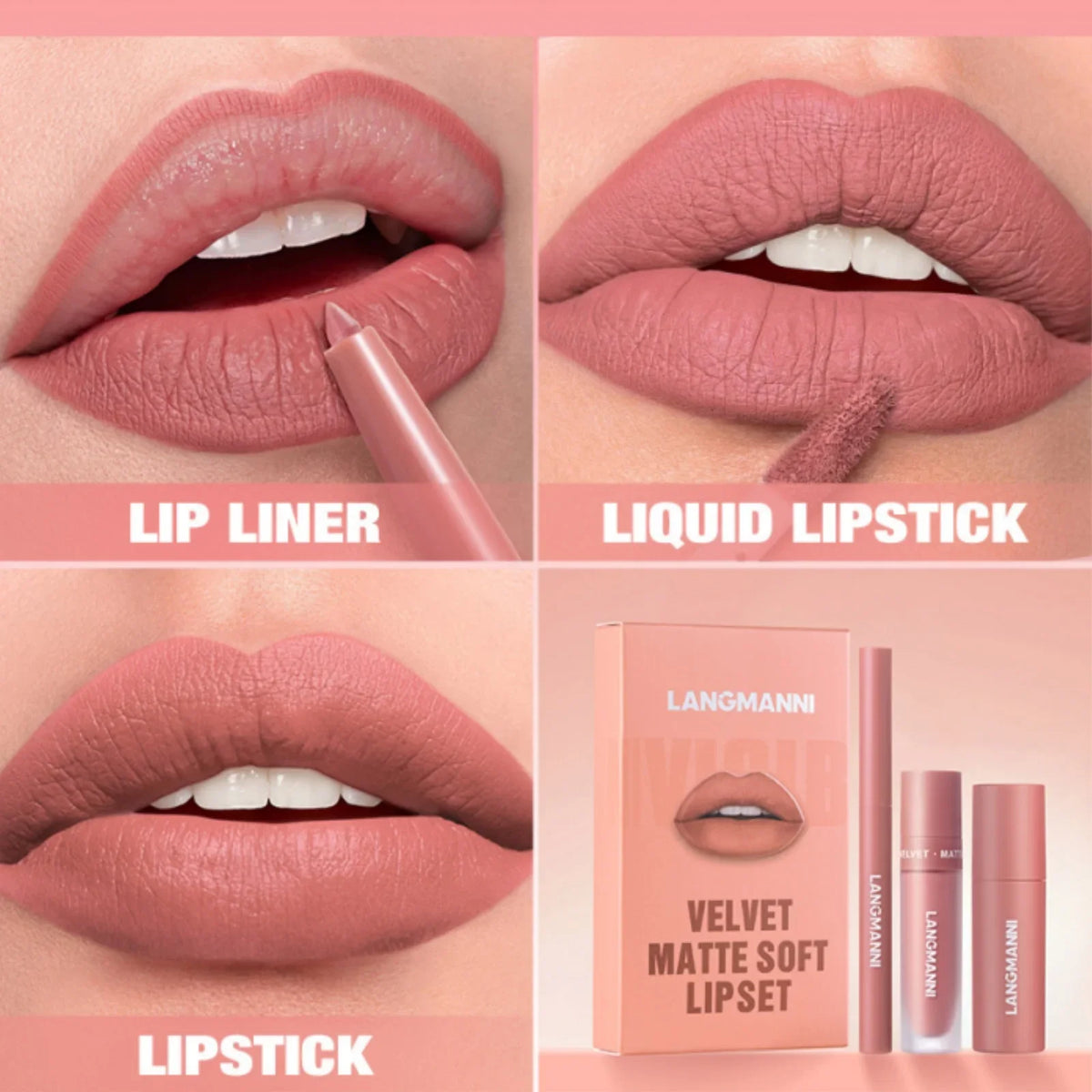 LANGMANNI 3-Pc Waterproof Matte Lip Kit – Liner & Lipstick Set Lip Makeup Kit QXL