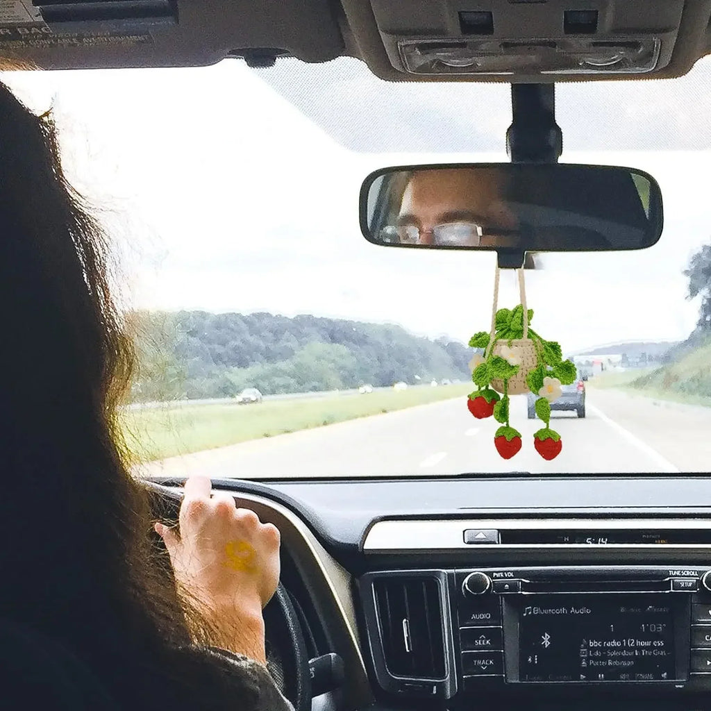 Knitted Strawberry Plant Basket Car Mirror Charm Ornament Car Mirror Charm QXL