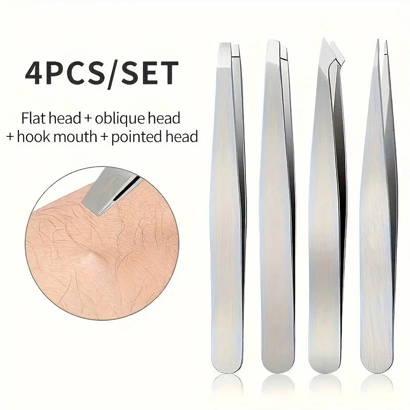 4-Piece Stainless Steel Eyebrow Tweezer Set | Facial Hair Tool Eyebrow Tweezer Set QXL 4PC-Silver