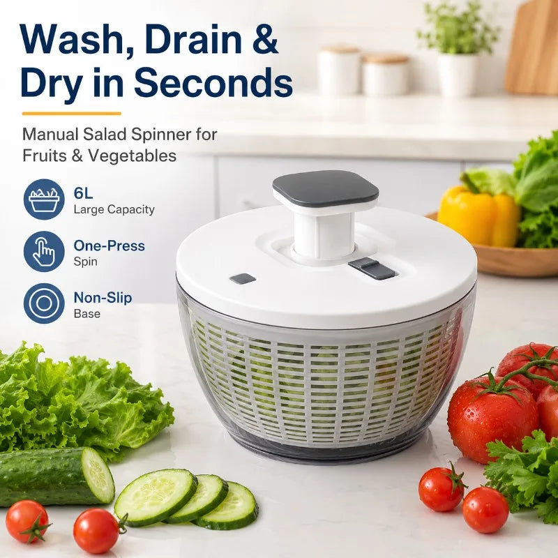 6L Manual Salad Spinner & Vegetable Washer | Non-Slip Base Salad Spinner QXL