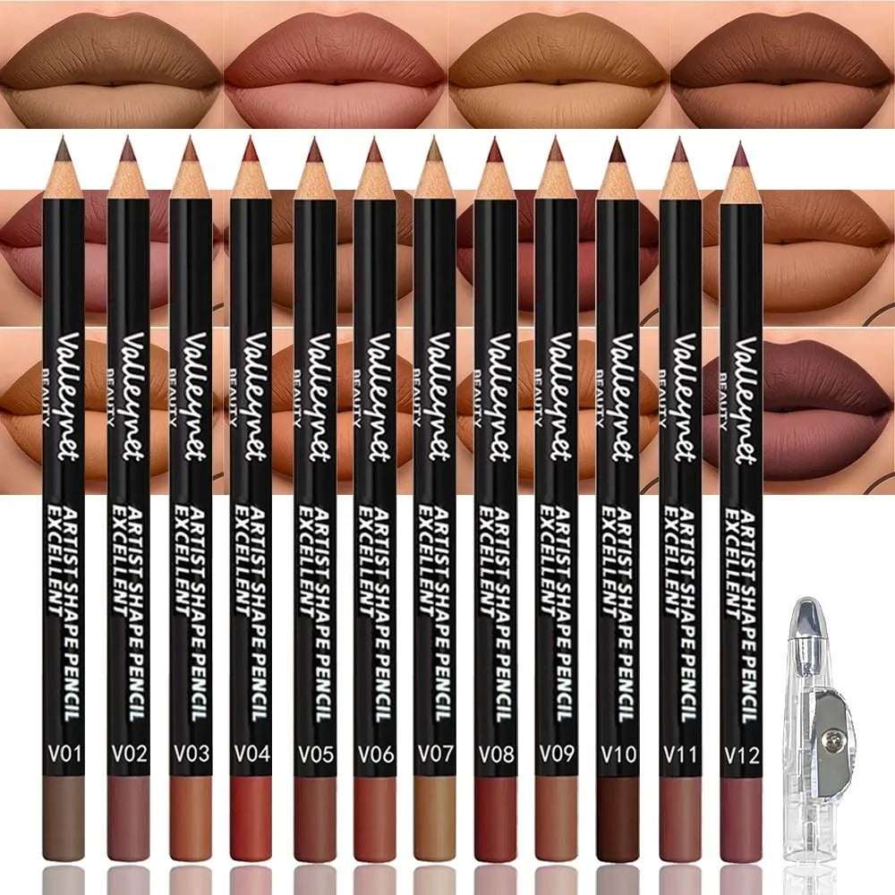 13-Pc Matte Lip Liner Kit | 12 Pencils & Sharpener Set Lip Liner Set QXL
