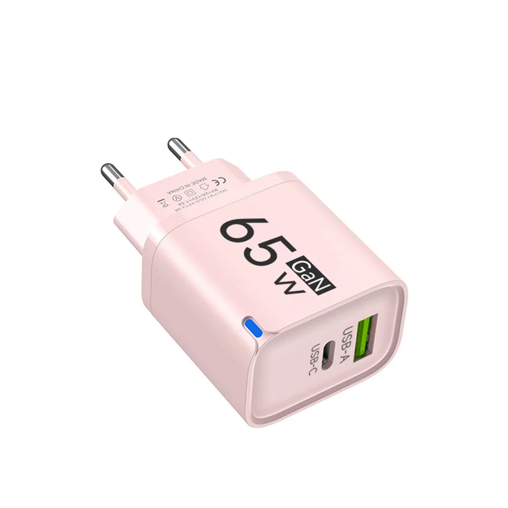 65W GaN USB-C PD Fast Charger QC 3.0 | EU US UK Travel Adapter USB Wall Charger QXL Pink EU
