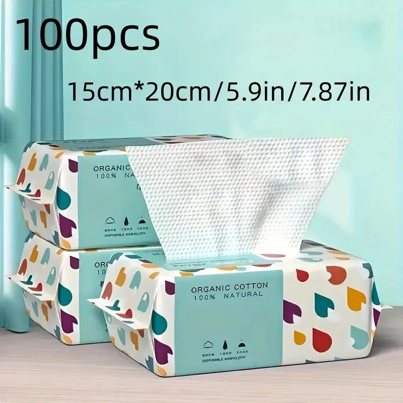 100-Pack Disposable Cotton Facial Wipes | Ultra-Soft 220GSM Disposable Facial Wipes QXL