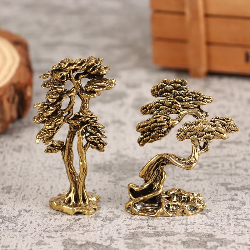 Brass Mini Pine Tree Figurine | Miniature Bonsai Statue Decor Miniature Tree Figurine QXL