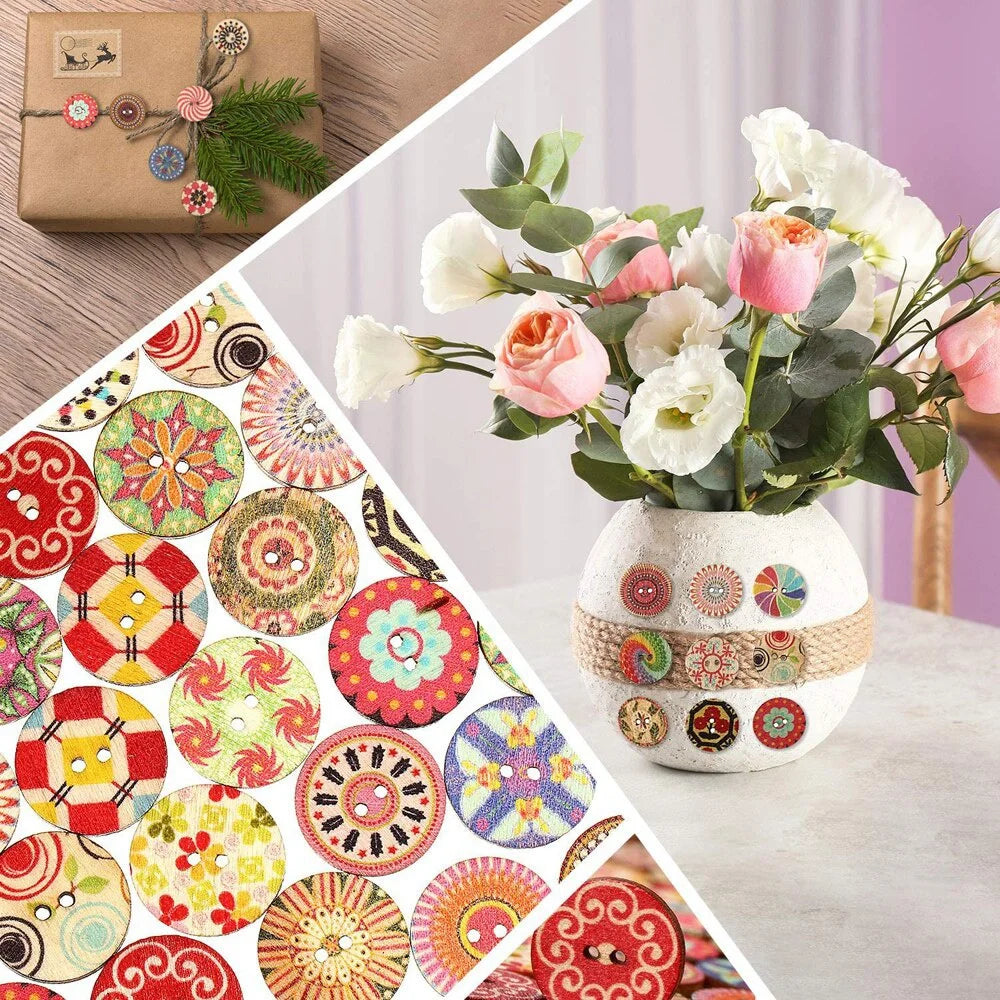 Floral Wooden Buttons 2-Hole 50/100 Pack | Assorted DIY Sewing Wooden Craft Buttons QXL