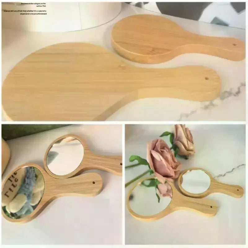 Portable Bamboo Handheld Makeup Mirror | Round Vanity Mirror Handheld Vanity Mirror QXL