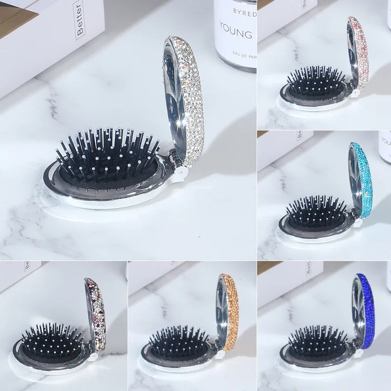 Diamond Pocket Mirror & Foldable Air Cushion Comb | 2-in-1 Compact Mirror Comb QXL