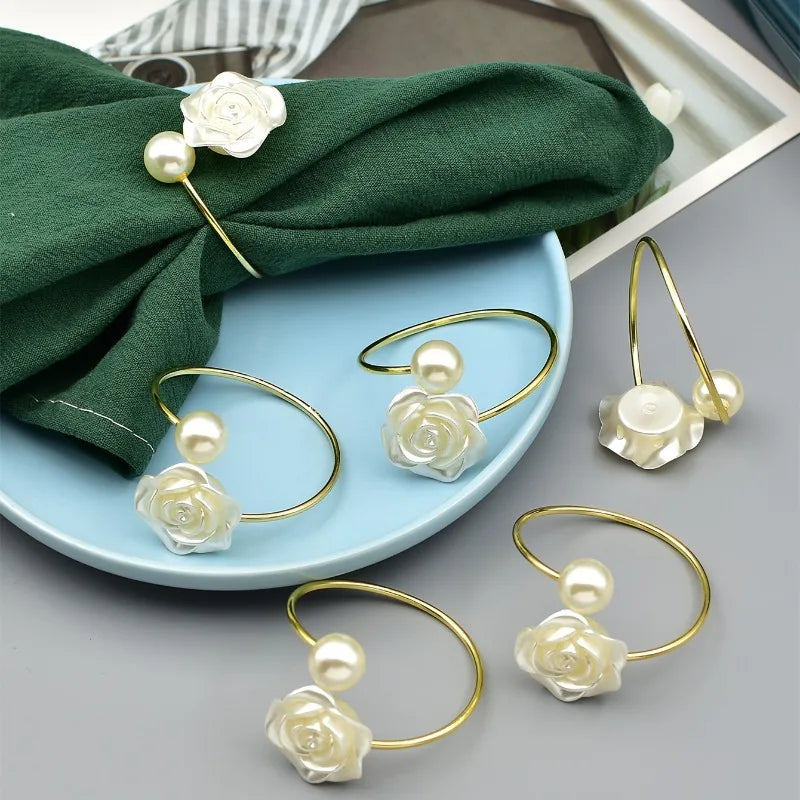 Floral Napkin Rings | White & Gold-Tone Elegant Table Decor Decorative Napkin Rings QXL