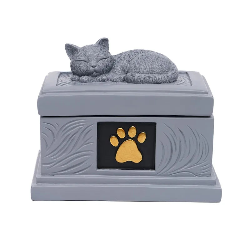 Resin Pet Memorial Urn Box | Sleeping Cat Lid & Gold Paw Pet Memorial Urn QXL