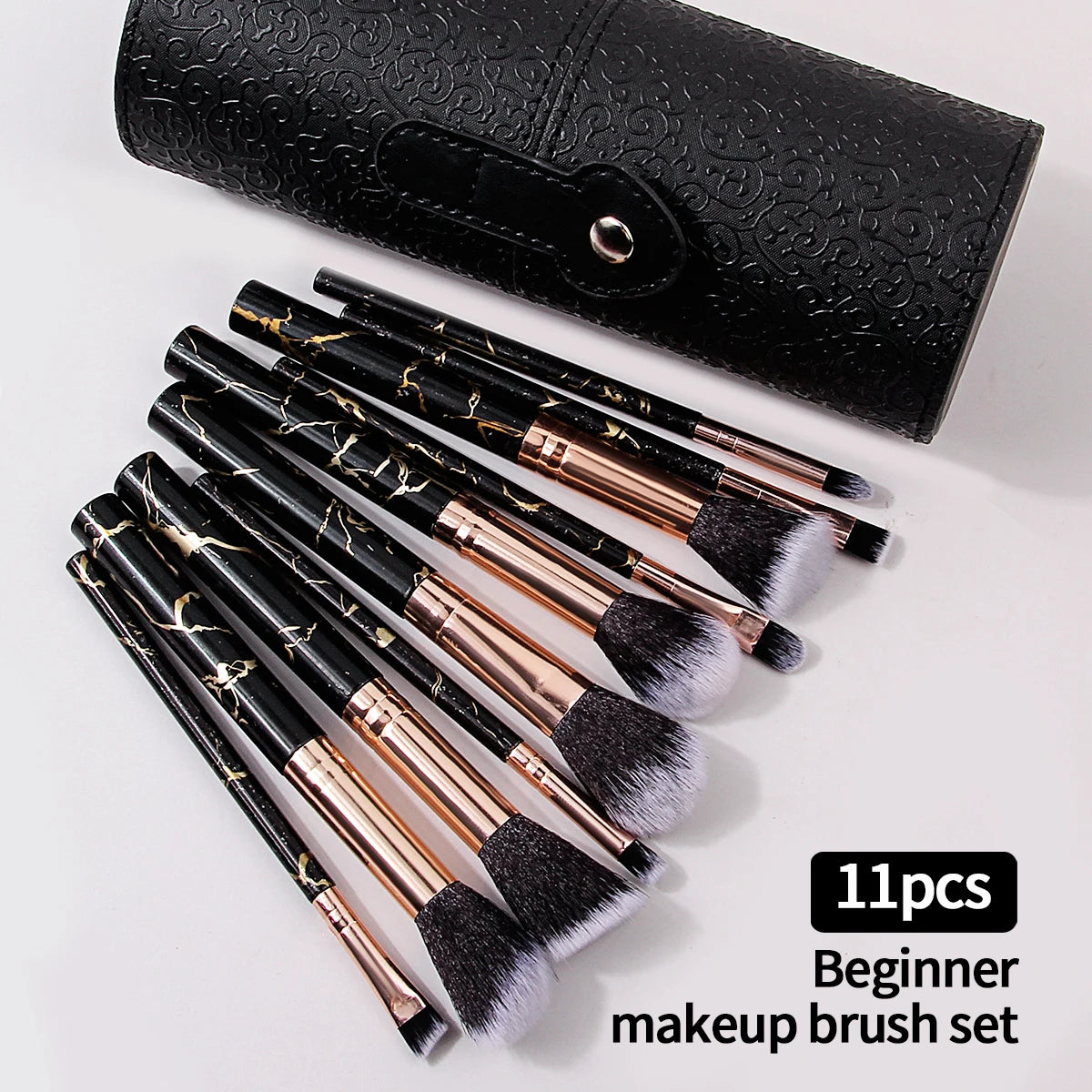 10-Pc Marble Makeup Brush Set & PU Leather Storage Bucket Makeup Brush Set QXL
