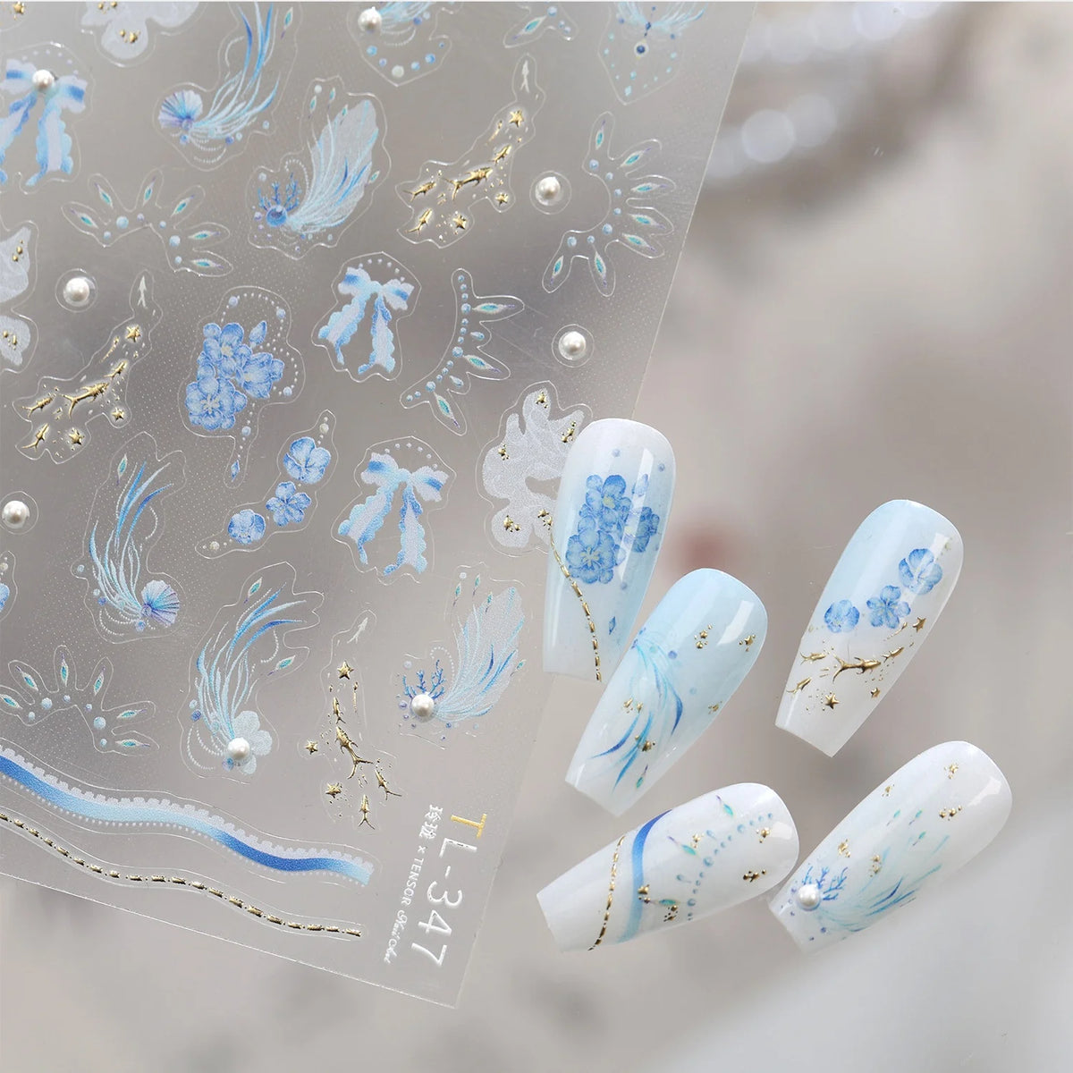5D Blue Floral Nail Stickers | Pearl & Feather Self-Adhesive Decals Nail Art Stickers QXL