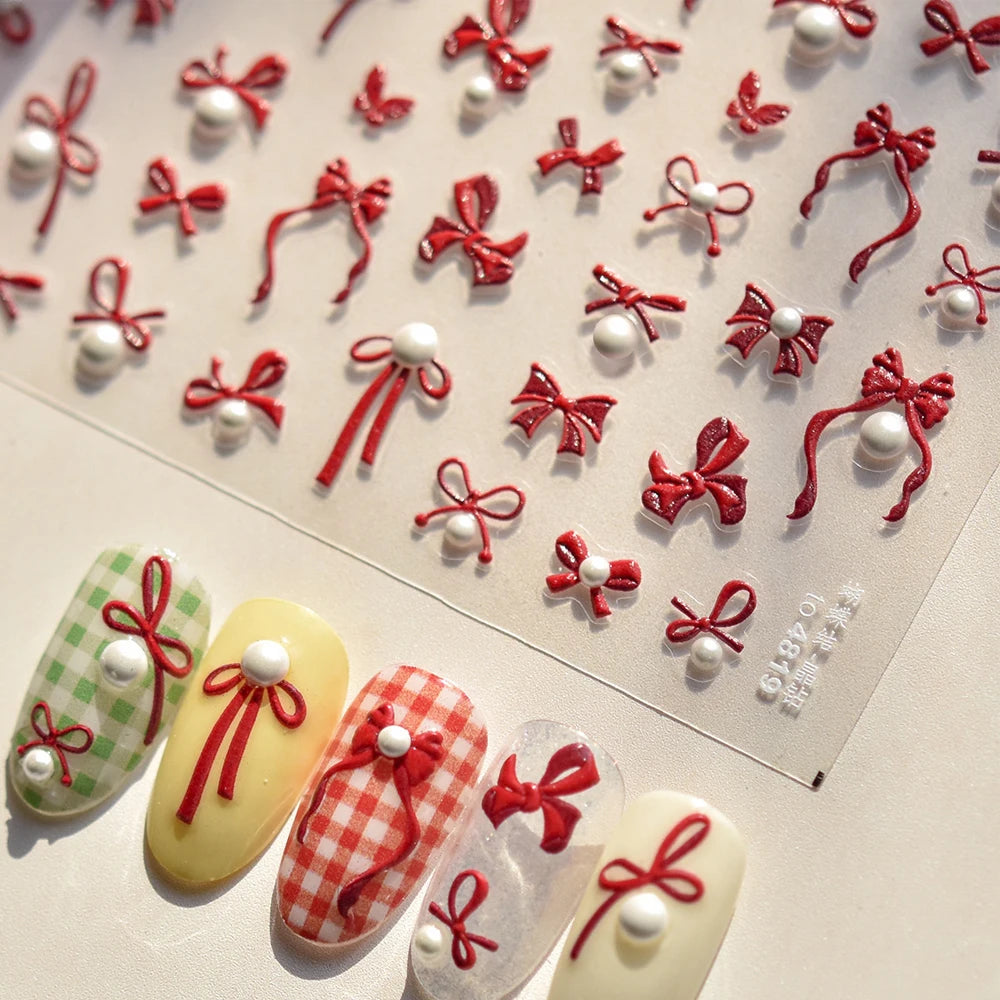 5D Bow Tie Butterfly Nail Art Stickers | Pearl Rhinestone Decals Nail Art Stickers QXL