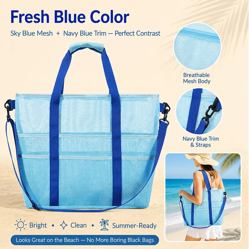 2-in-1 Quick Dry Mesh Beach Tote Bag with Detachable Pouch Mesh Beach Tote QXL