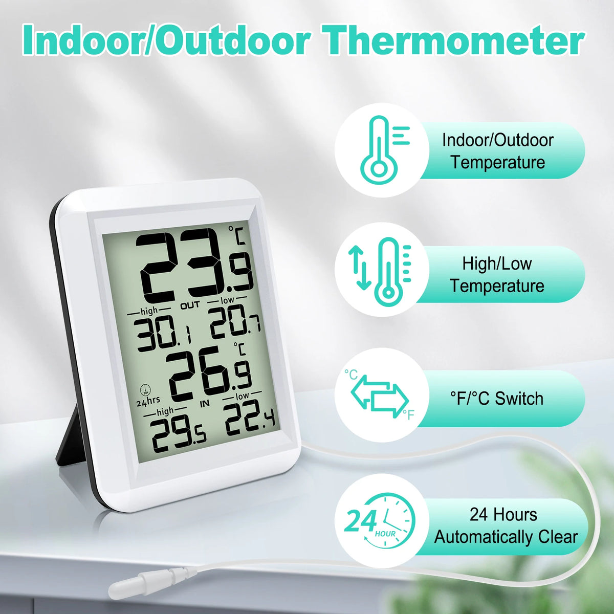 Digital Indoor/Outdoor Thermometer with Wired Probe & Min/Max Digital Thermometer QXL WHITE China Mainland