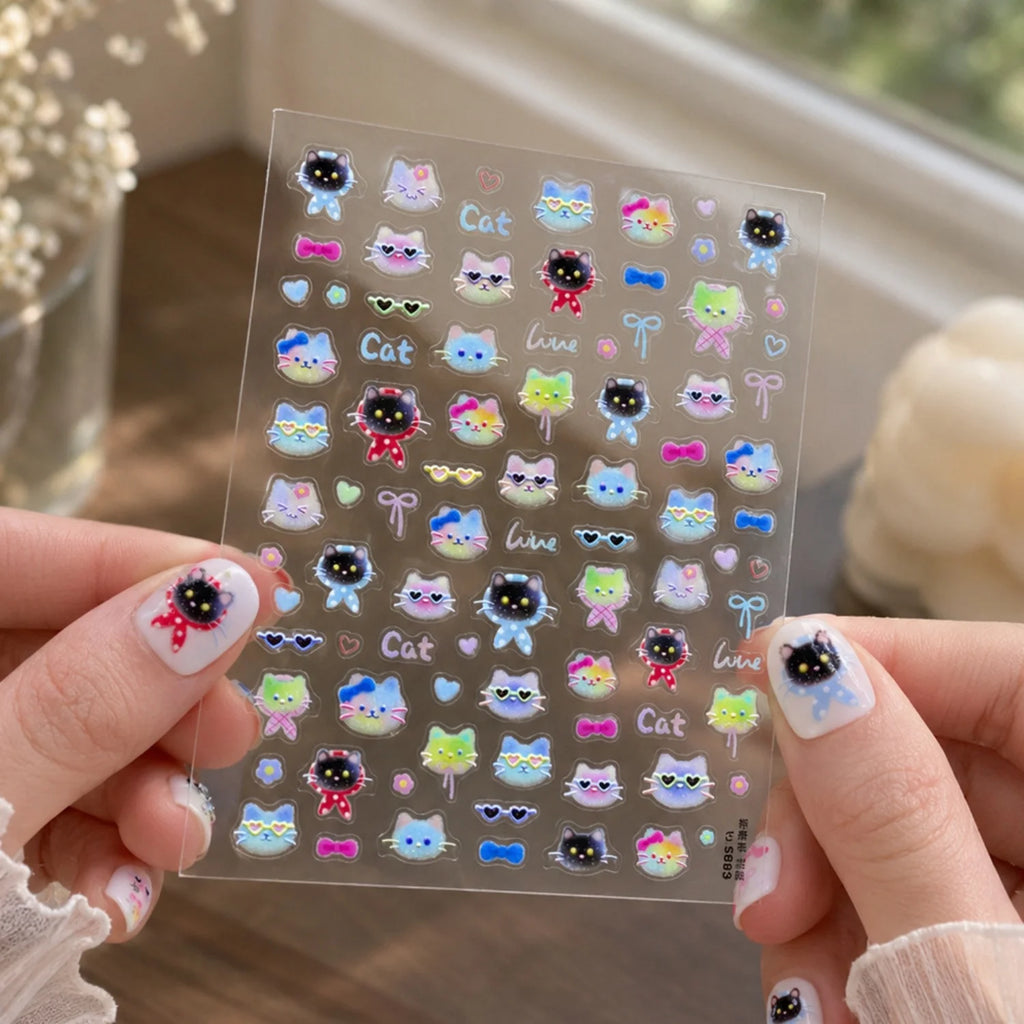 5D Gradient Nail Stickers – Cute Cat Bow Heart Self-Adhesive Decals Nail Art Stickers QXL