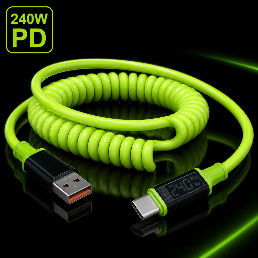 240W USB-C Retractable Fast Charging Cable – Spring Coil USB-C Charging Cable QXL