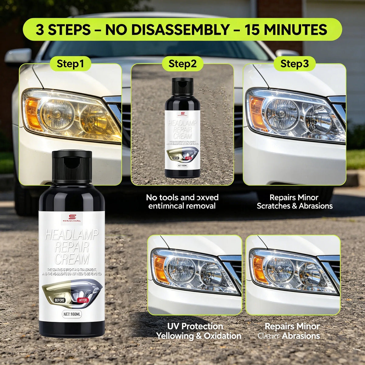 Car Headlight Restoration Cream & Applicator Sponge – Clear Coat Headlight Restoration Kit QXL