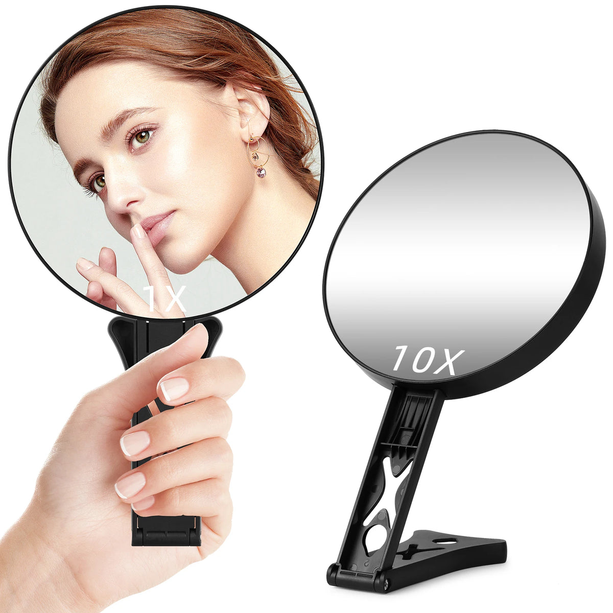 Double-Sided 1X/10X Magnifying Travel Hand Mirror with Handle Magnifying Makeup Mirror QXL Black-10X