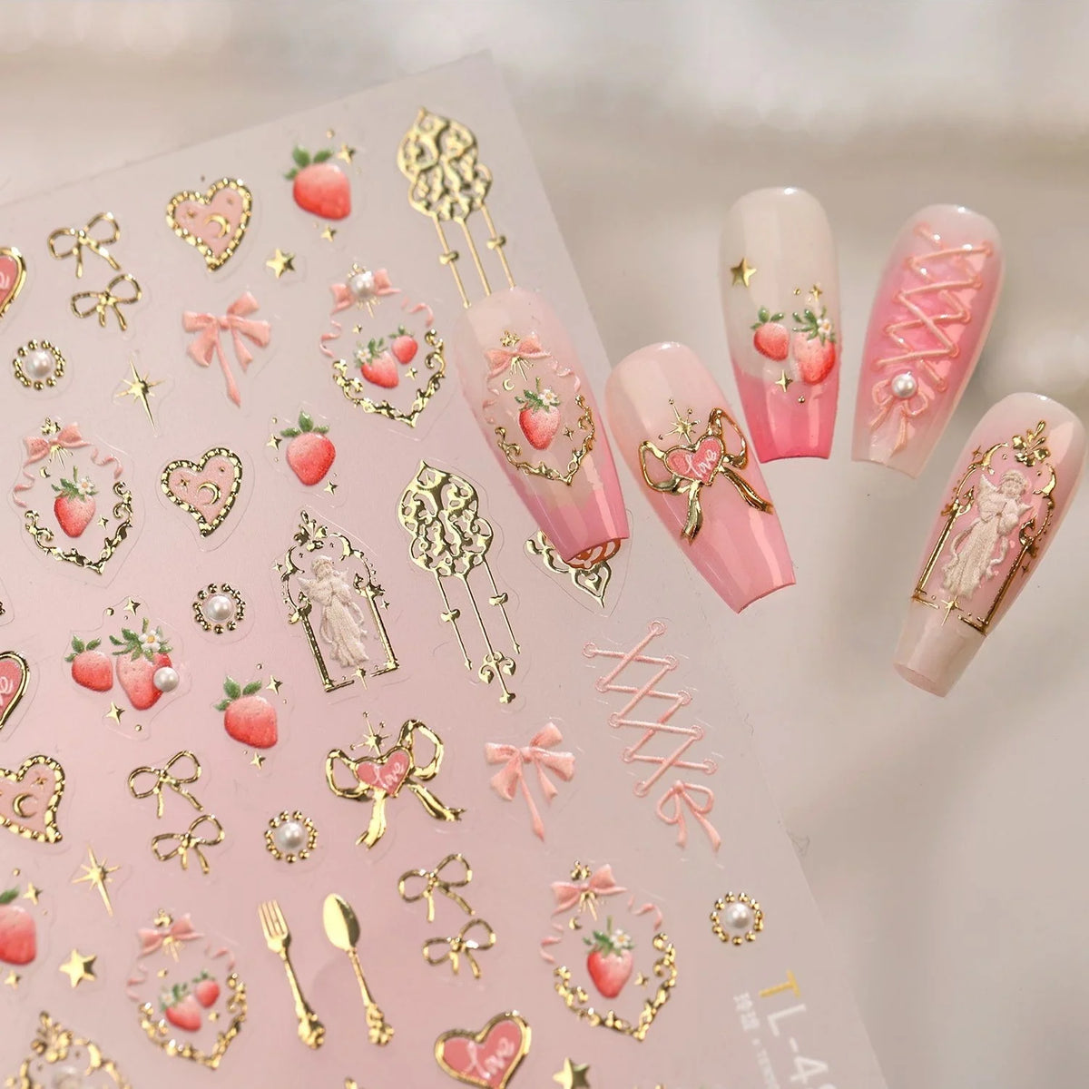 5D Sweet Dessert Nail Stickers | Gold, Strawberry & Bow Decals Nail Art Stickers QXL
