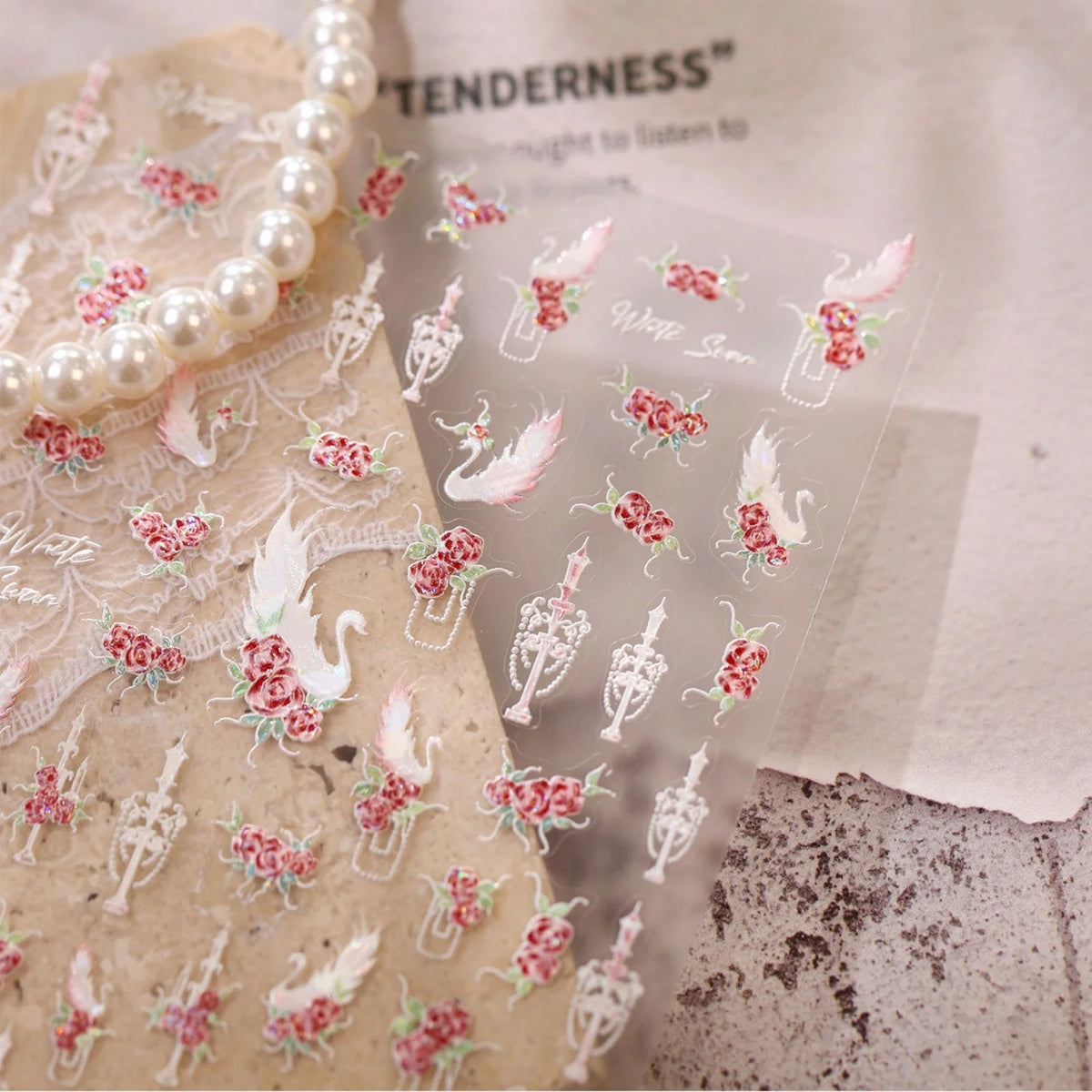 5D Embossed Nail Stickers | Vintage Rose Swan Lace Decals 5D Nail Stickers QXL