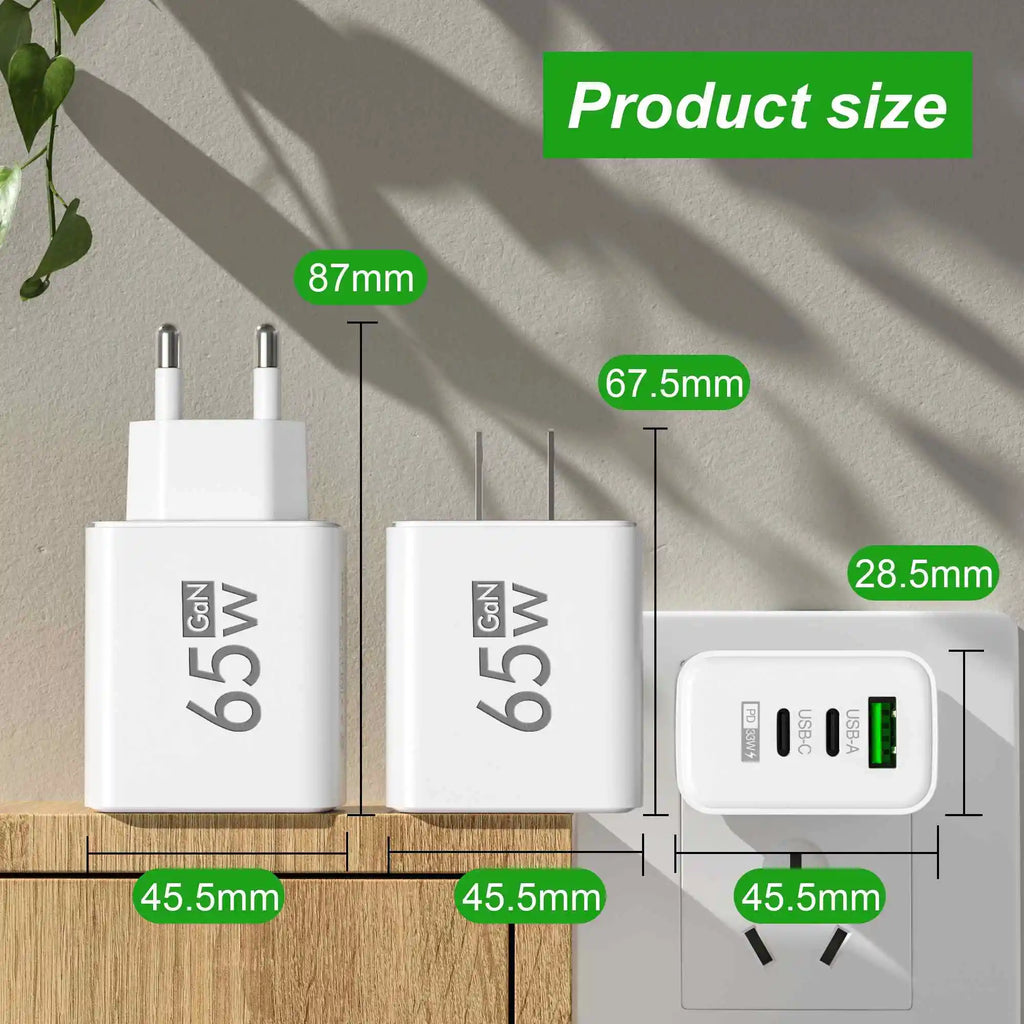 65W GaN 3-Port USB-C Wall Charger – QC3.0 Fast Charging USB Wall Charger QXL