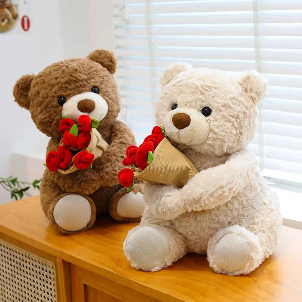Rose Bear Plush Toy with Mini Rose Bouquet | 30cm & 38cm Stuffed Plush Toy QXL