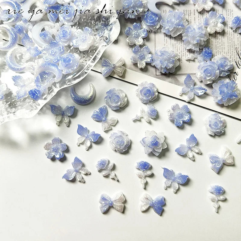 20-Pc Kawaii Blue Resin Nail Charms | Flower & Butterfly DIY Art Nail Art Charms QXL