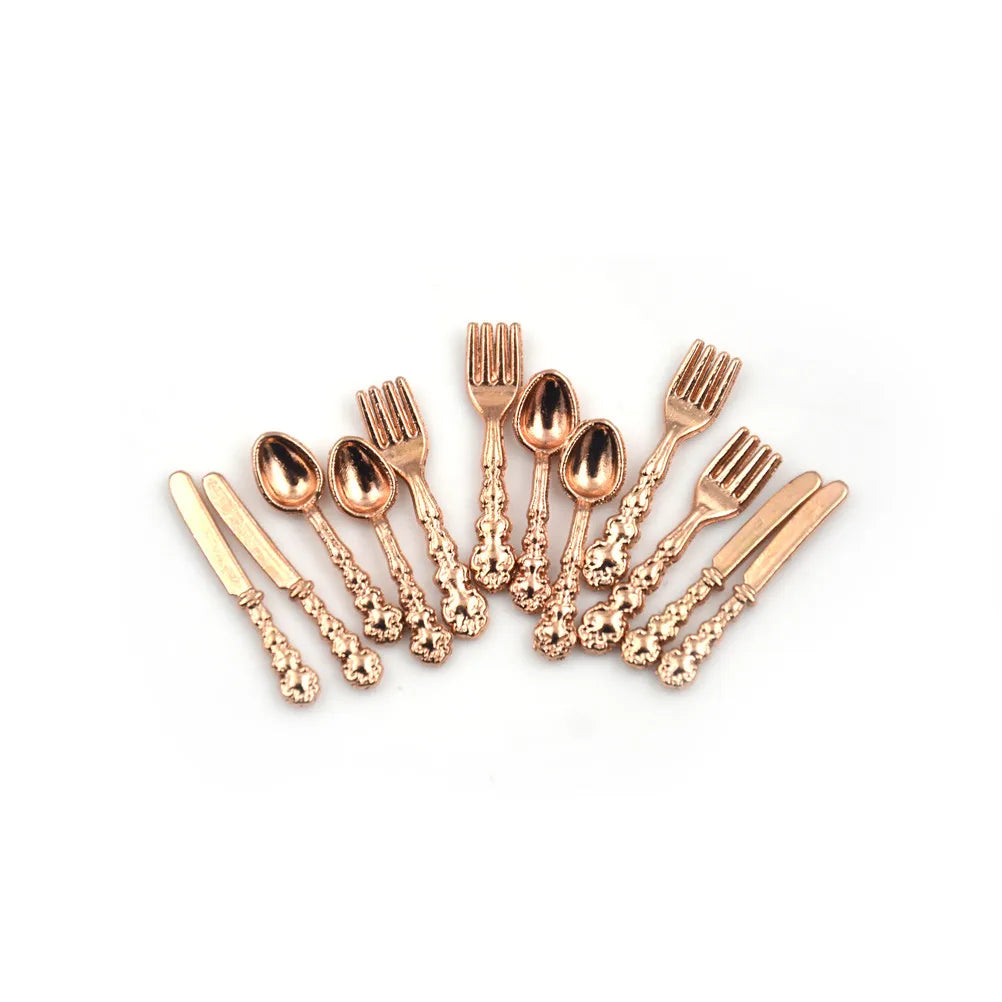12-Pc 1:12 Dollhouse Miniature Metal Tableware | Fork Knife Spoon Dollhouse Miniature Set QXL 1 Bronze