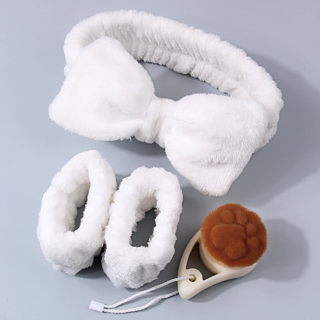 4-Piece Facial Cleansing Kit – Bow Headband, Wristbands & Brush Facial Cleansing Set QXL