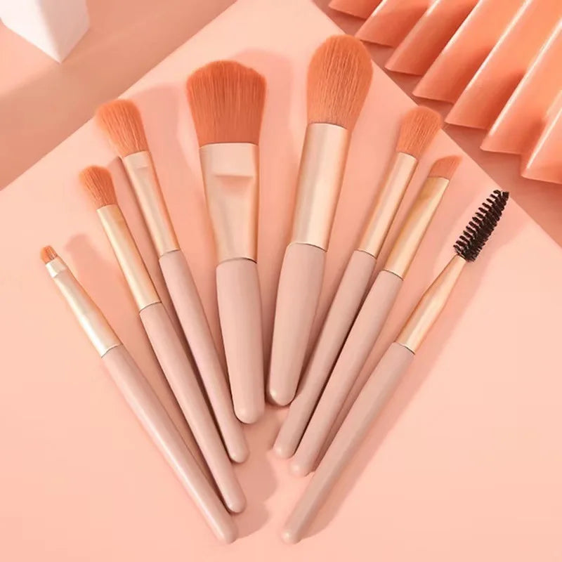 8-Pc Macaron Mini Travel Makeup Brush Set | Soft Bristles Travel Makeup Brush Set QXL Pink