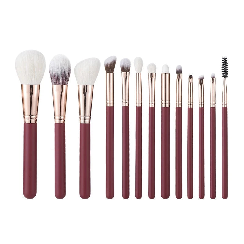 13-Pc Goat Hair Makeup Brush Set | Burgundy Wood Handle Makeup Brush Set QXL 13pcs red